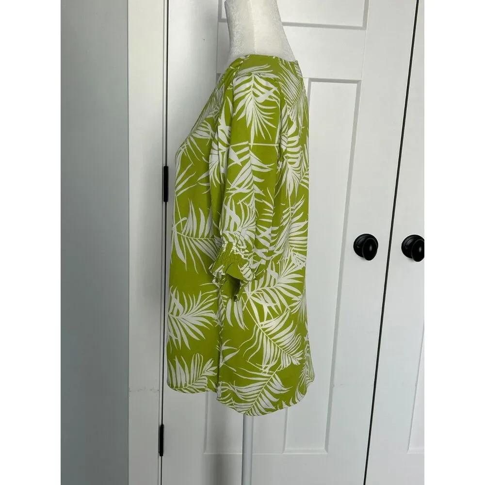 Olivia and Martin Tropical Palm Print Blouse, Size L, Green and White - Picture 5 of 5